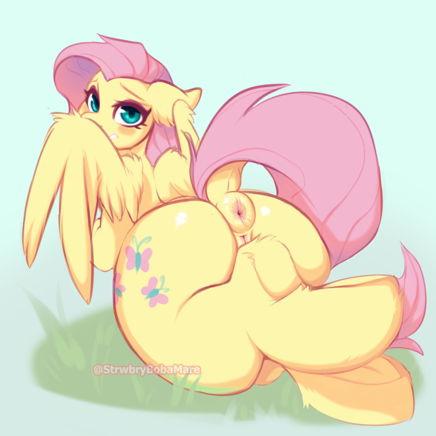 2d anus ass cutie_mark equid equine eyelashes female feral feral_only fluttershy_(mlp) friendship_is_magic fur green_eyes hasbro hooves horse long_hair looking_back mammal my_little_pony no_penetration pegasus pink_hair pink_tail pony puffy_anus pussy quadruped solo solo_female strwbrybobamare wings yellow_body yellow_fur