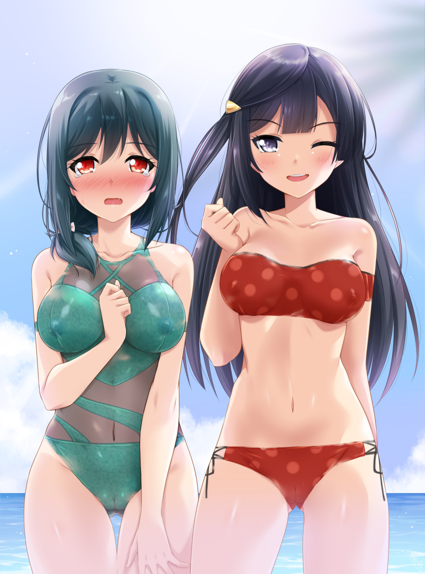 2girls blush bodypaint breasts bunji completely_nude embarrassed fangs fist hand_between_breasts love_live! love_live!_nijigasaki_high_school_idol_club medium_breasts mifune_shioriko multiple_girls navel nipples nude one_eye_closed open_mouth painted_clothes pussy sky smile standing tearing_up water yuuki_setsuna_(love_live!)