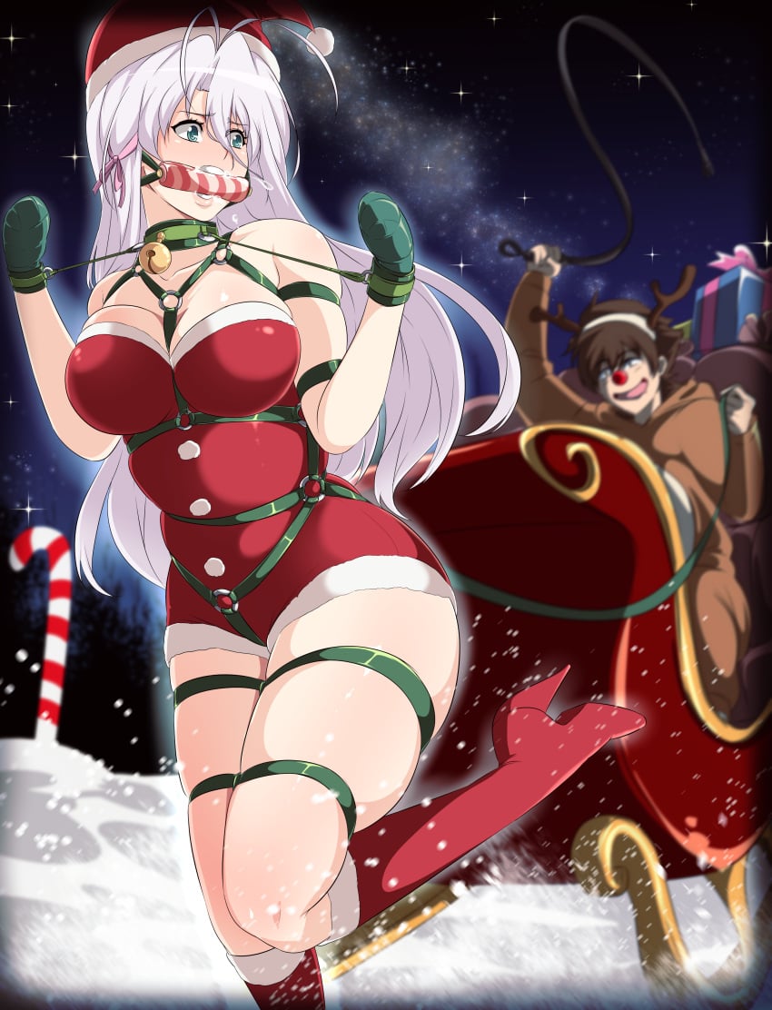 1boy 1girls bell_collar bit_gag blue_eyes blurry_background bondage boots bound bound_hands brown_hair christmas christmas_outfit female femsub gag gagged harness high_heeled_boots high_heels high_school_dxd hyoudou_issei o-ring_harness reindeer_costume rossweisse ryner-e sleigh tape taped_hands very_long_hair whip white_hair