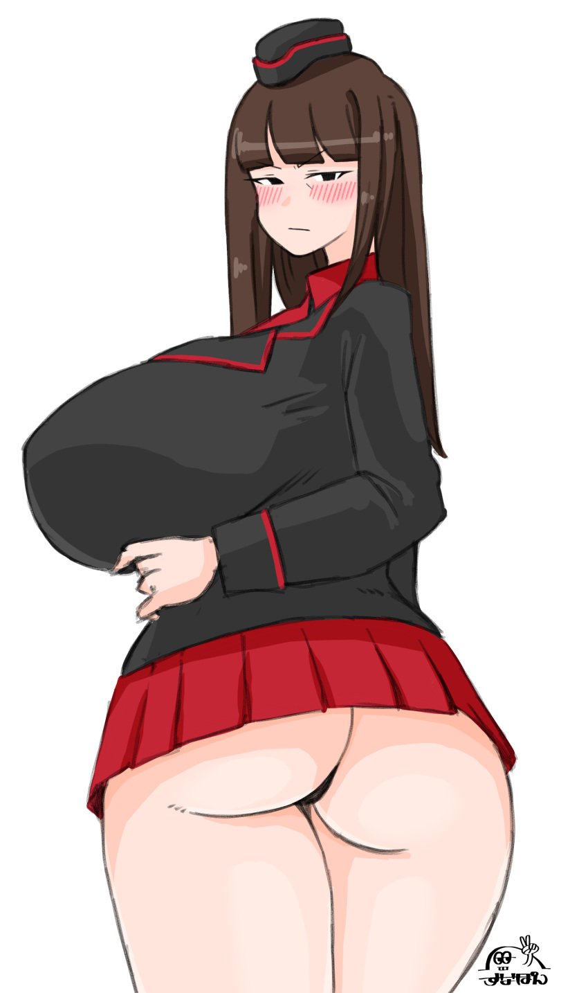 1girls ass big_ass blush breasts brown_hair female female_only girls_und_panzer high_resolution hime_cut huge_breasts large_breasts looking_at_viewer looking_back nishizumi_shiho short_skirt skirt solo suna_ponz thighs very_high_resolution white_background