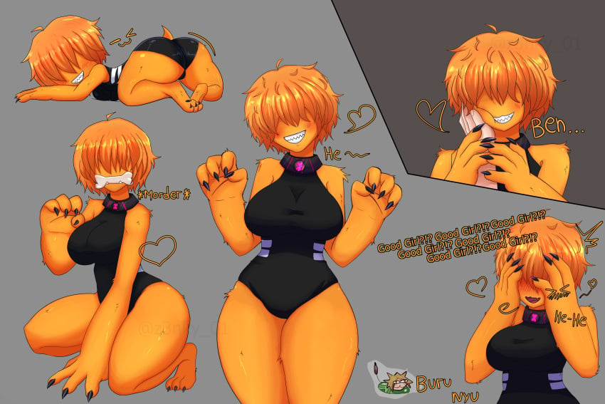 1girls ass ben_10 big_ass black_leotard blush chaquetrix english_text furry good_girl grey_background grin huge_breasts large_breasts leotard neco-arc orange_fur orange_hair sharp_teeth short_hair smile text thick_thighs vulpimancer wholesome wide_hips wildmutt zenky