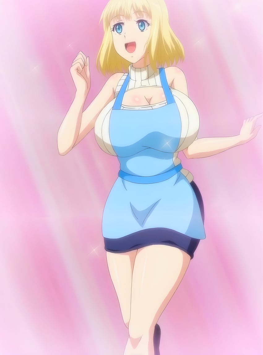 :d alisa_(katainaka_ni_totsui_de_kita_russia_musume_to_h_shimakuru_ohanashi) apron big_breasts blonde_hair blue_eyes cleavage katainaka_ni_totsui_de_kita_russia_musume_to_h_shimakuru_ohanashi mature_female short_hair solo sweater sweater_puppies