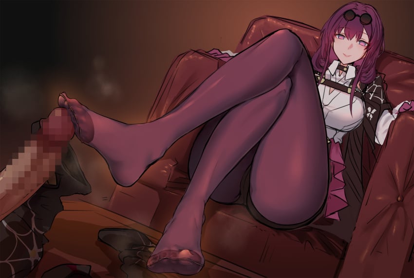 censored crossed_legs erection feet female footjob footjob_with_legwear glasses gloves high-waist_shorts highres honkai:_star_rail honkai_(series) jacket jacket_on_shoulders kafka_(honkai:_star_rail) legs looking_at_viewer male mosaic_censoring no_shoes pantyhose pantyhose_under_shorts penis purple_eyes purple_gloves purple_hair purple_pantyhose shorts sitting smile soles solo_focus thighs toes wenzheng147