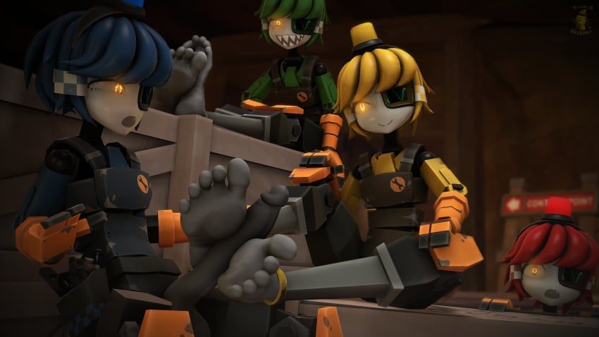 3d 3d_(artwork) 4boys blue_hair clothing clothing_aside dell_spencer dispenser_(team_fortress_2) domination erect_penis erection feet foot_fetish footjob gay gay_domination green_hair human_feet multicolored_eyes red_hair robot_boy robot_humanoid scorch_dreamer sfm sharp_teeth smile source_filmmaker surprised_expression team_fortress_2 yaoi yellow_hair