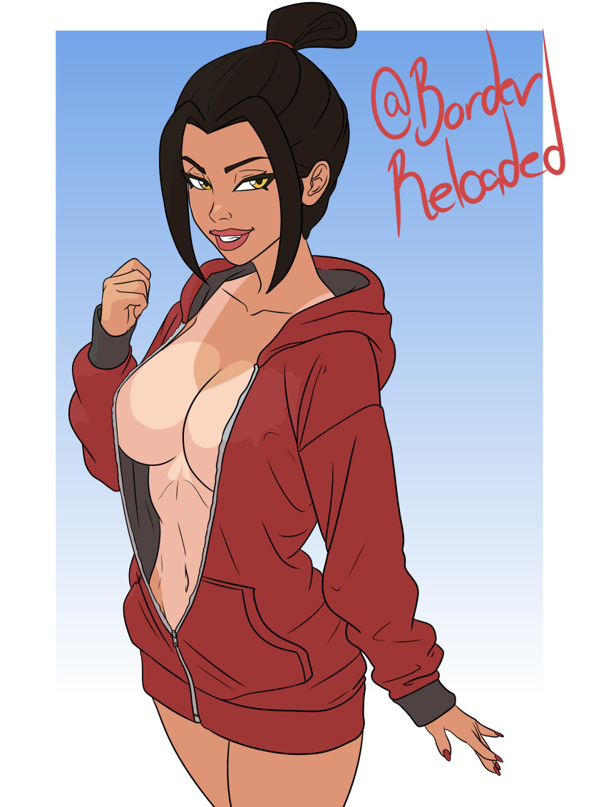 1female 1girl 1girls artist_name avatar_legends avatar_the_last_airbender azula black_hair borderreloaded bottomless breasts clothing female female_focus female_only fire_nation girl girl_only high_resolution no_nude only_female open_clothes ponytail solo solo_female solo_focus tan_skin tanline