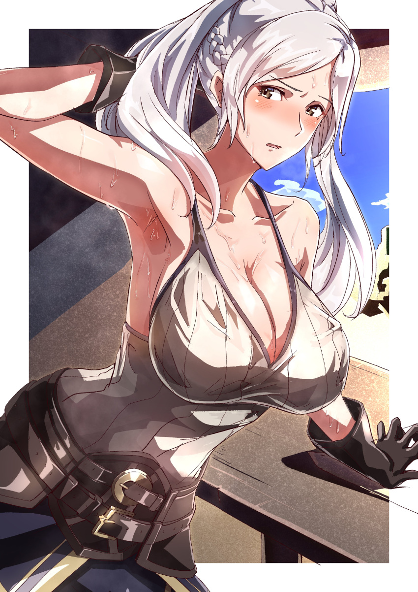 1girls armpits blush breasts cleavage fire_emblem fire_emblem_awakening large_breasts nintendo robin_(fire_emblem) robin_(fire_emblem)_(female) solo sweat sweaty_breasts to_(tototo_tk) twintails white_border white_hair