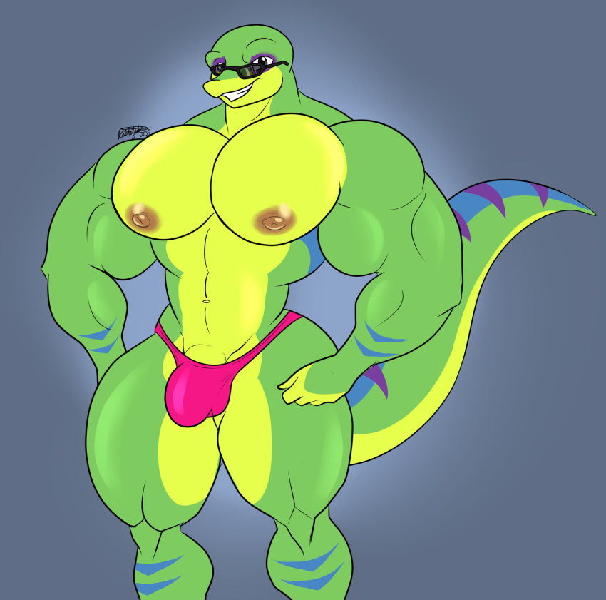 abs anthro bara barazoku biceps big_muscles big_pecs black_eyes bulge clothed clothing eyewear gecko gex_(series) gex_the_gecko glasses green_body grin hi_res lizard male male_only markings multicolored_body muscular muscular_anthro muscular_legs muscular_male narrowed_eyes navel nipples pecs pink_clothing pink_thong pink_underwear playstation quads ratchetjak reptile scales scalie smile smug solo sony_corporation sony_interactive_entertainment striped_markings striped_tail stripes sunglasses tail tail_markings thick_tail thick_thighs thong underwear yellow_body