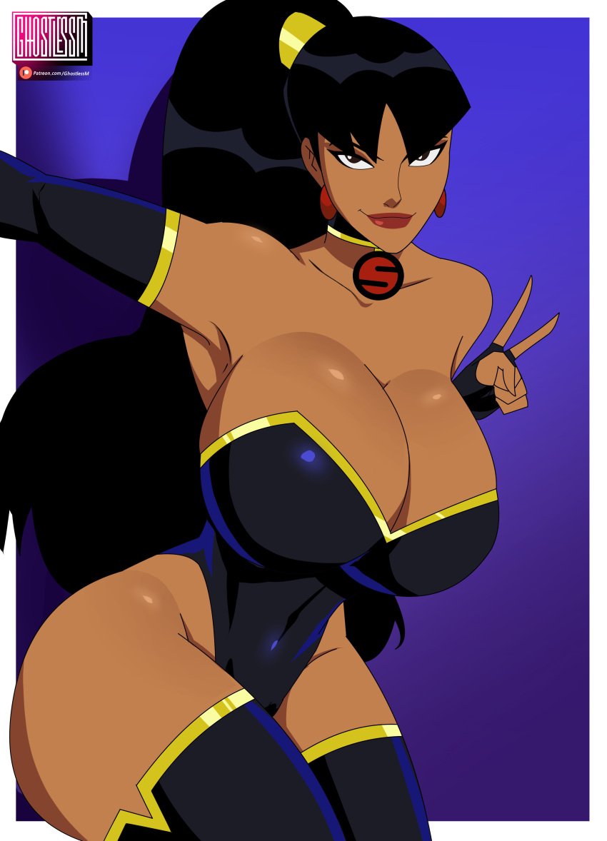 1girls big_breasts black_hair breast_grab choker cleavage dark-skinned_female dc_comics dcuaom female female_only ghostlessm hips huge_breasts justice_league:_crisis_on_two_earths legwear leotard lipstick long_hair looking_at_viewer peace_sign pinup red_earrings red_lipstick smile solo superwoman superwoman_(mary_batson) thick_thighs v villainess wide_hips