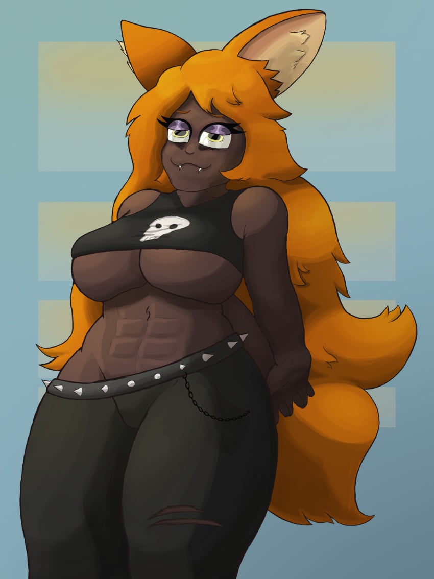 1furry 1girls abs big_breasts brown_fur epic_omi fluffy_hair furry furry_only goth goth_girl long_hair orange_hair terraria underboob zoologist_(terraria)