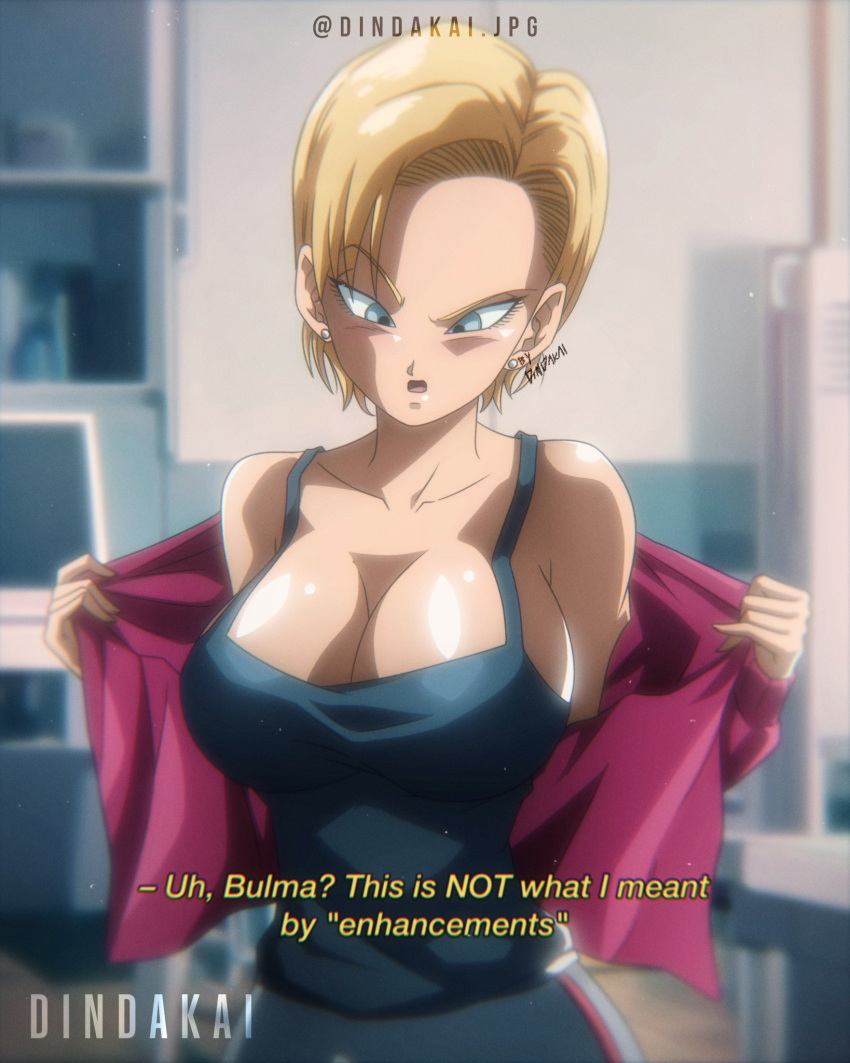 1girls android_18 blonde_hair blue_eyes breast_expansion breasts cleavage dindakai dragon_ball dragon_ball_gt dragon_ball_super dragon_ball_z english_text female female_only implied_breast_expansion large_breasts pink_track_suit solo text track_suit