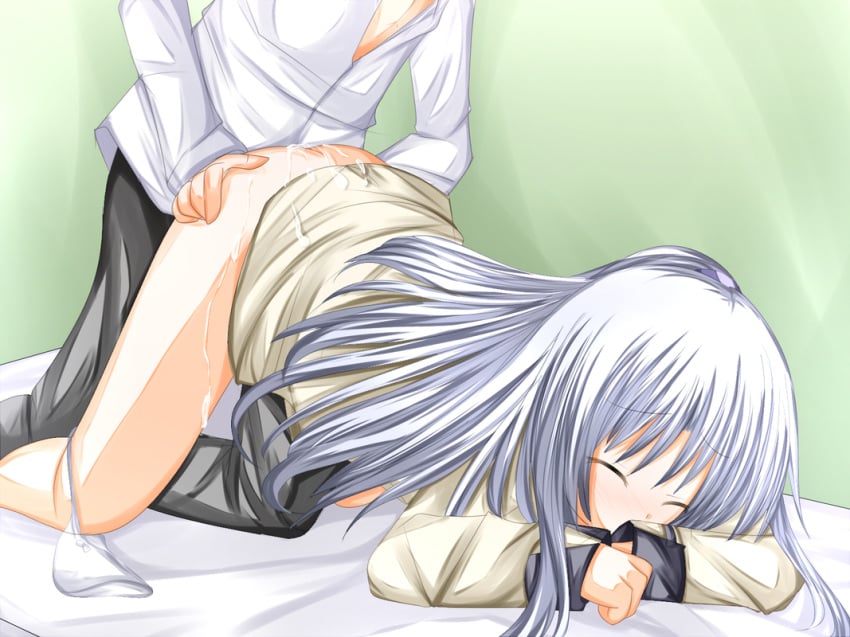 1boy 1boy1girl 1girls angel_beats! blazer blush booty bottomless closed_eyes cum cum_inside doggy_style eyes_closed female kanade_tachibana long_hair male panties panties_around_leg panties_around_one_leg panty_pull school_uniform sex silver_hair straight tabuchisan tenshi_(angel_beats!) underwear