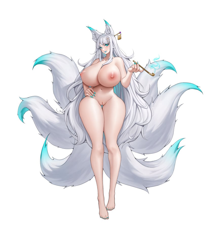 completely_nude_female cyan_eyes cyan_hair dumptruck_ass fox fox_ears fox_girl fox_tail full_body kinksune kiseru kitsune long_legs long_tail miya_kitashima nine_tailed_fox original original_character painted_nails two_tone_hair white_hair