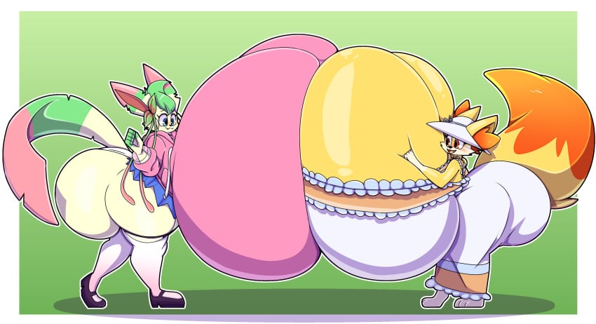 anthro ass big_breasts big_butt breasts eeveelution female female/female fennekin generation_4_pokemon generation_6_pokemon huge_butt hyper hyper_ass hyper_breasts hyper_butt leafeon niki_(dofunut) nintendo pokemon pokemon_(species) thiccbuns