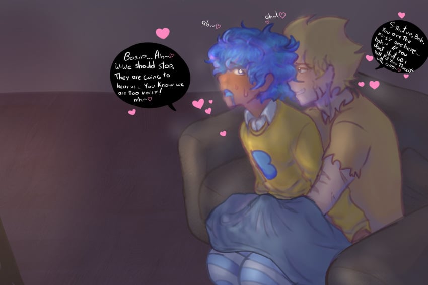 anal_sex blonde_hair blonde_hair_male blue_eyes blue_hair blue_mouth bob_(amoraltra) bob_and_bosip bosip_(amoraltra) clothing consensual couch couple covering_crotch dark-skinned_male drooling femboy femboysub fluffy_hair fnf friday_night_funkin friday_night_funkin_mod gay gay_domination gay_sex high_thighs homosexual light-skinned_male loud_sex masturbating_while_penetrated masturbation riding_penis rough_sex scars seductive simple_background size_difference smiling_at_partner sweat sweating tan_skin thick_thighs threatening watching_tv yaoi yellow_shirt