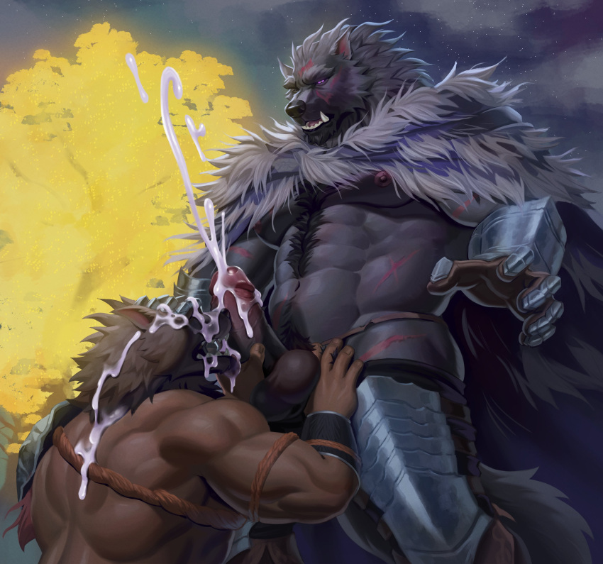 2023 abs absurd_res adios anthro areola arm_scar armor balls biped black_nose black_sclera blaidd_(elden_ring) bodily_fluids body_hair bottomwear bottomwear_aside bracelet brown_body brown_fur canid canine canis cape cheek_tuft chest_scar clothing clothing_aside cloud cum cum_on_back cum_on_head cum_on_partner cumshot detailed drooling duo ears_back ejaculation elden_ring erection facial_scar facial_tuft fangs fellatio fluffy fluffy_tail frenulum fromsoftware front_view fur fur_cape gauntlets gay genital_fluids genitals glans gloves glowing glowing_tree grey_balls hairless_hands hand_on_head handjob handwear happy_trail hi_res humanoid_genitalia humanoid_hands humanoid_penis jewelry leg_scar licking licking_cum loincloth loincloth_aside looking_down_at_partner looking_pleasured male male/male mammal mane muscular muscular_anthro muscular_male navel night nipples open_mouth oral orgasm outside outside_sex pecs penile penis penis_lick pink_areola pink_glans pink_nipples pink_penis pink_tongue pivoted_ears plant pubes purple_eyes saliva saliva_string scar schynbalds sex shaded sharp_teeth shoulder_pads side_butt snout snout_scar star tail tan_body tan_skin tarnished teeth thigh_scar tongue tongue_out tree tuft wolf