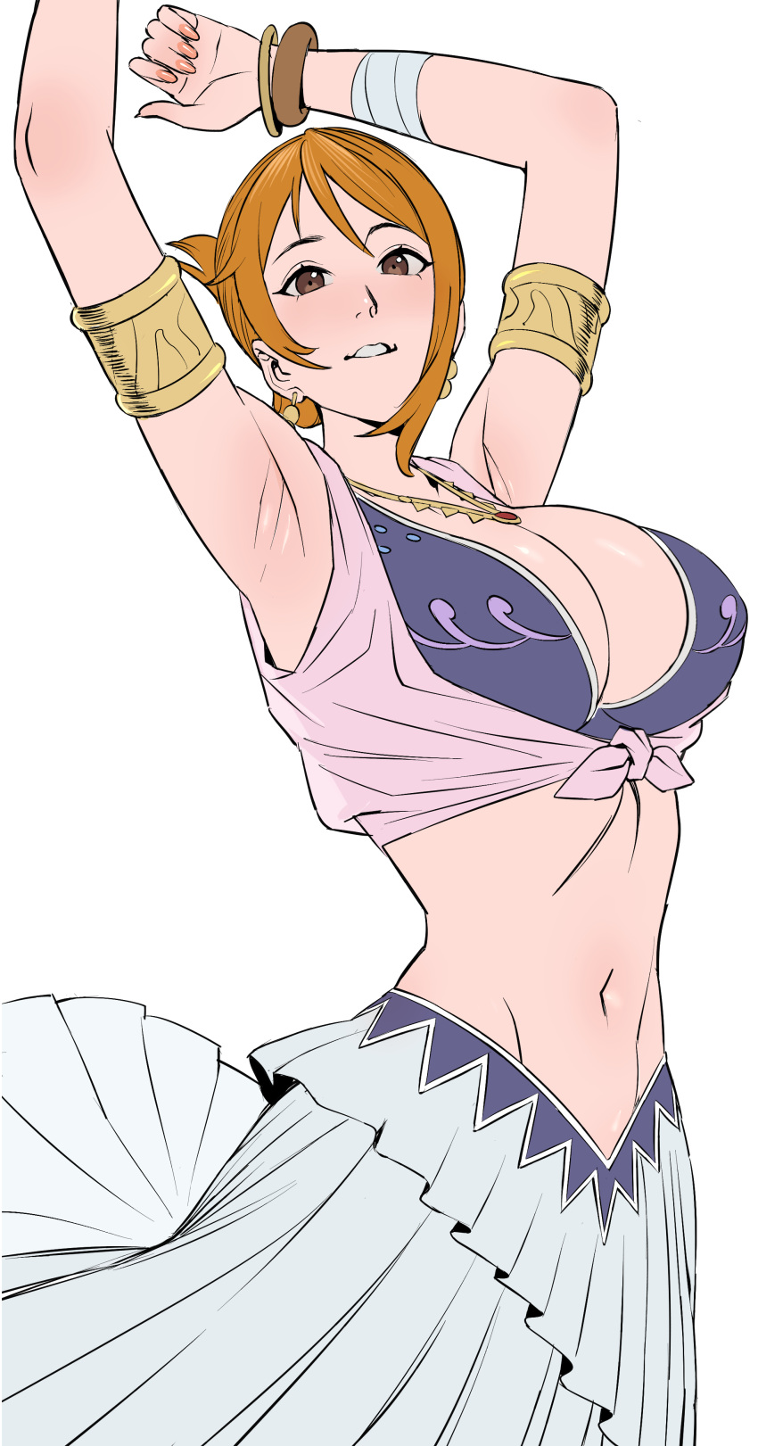 1girls alabasta arabasta_kingdom arabasta_saga armlet belly_dancer belly_dancer_outfit bracelet brown_eyes cleavage female female_only harem_girl harem_outfit large_breasts looking_at_viewer nami necklace one_piece orange_hair pre-timeskip short_hair skirt solo uukkaa voluptuous