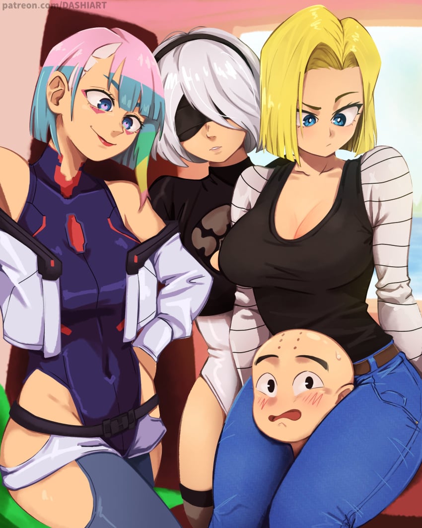 1boy 3girls android_18 android_girl ass bald bald_man big_ass big_breasts blindfold blonde_hair blue_eyes blush bob_cut breasts cleavage clothed clothing clothing_cutout collarbone confused_look covered_navel cropped_jacket crossover cyberpunk:_edgerunners dashi_art denim dragon_ball female fffm_foursome fully_clothed hand_on_hip happy head_between_thighs headscissor height_difference hetero high_resolution highres indoors jeans krillin kuririn larger_female leotard lipstick looking_at_another lucyna_kushinada male male/female multicolored_hair multiple_females multiple_girls nervous_smile nervous_sweat nier:_automata off_shoulder pants parted_lips raised_eyebrow short_hair slim slim_waist smaller_male smile suggestive sweatdrop tagme thick_thighs thighs tight_clothing white_hair yorha_2b