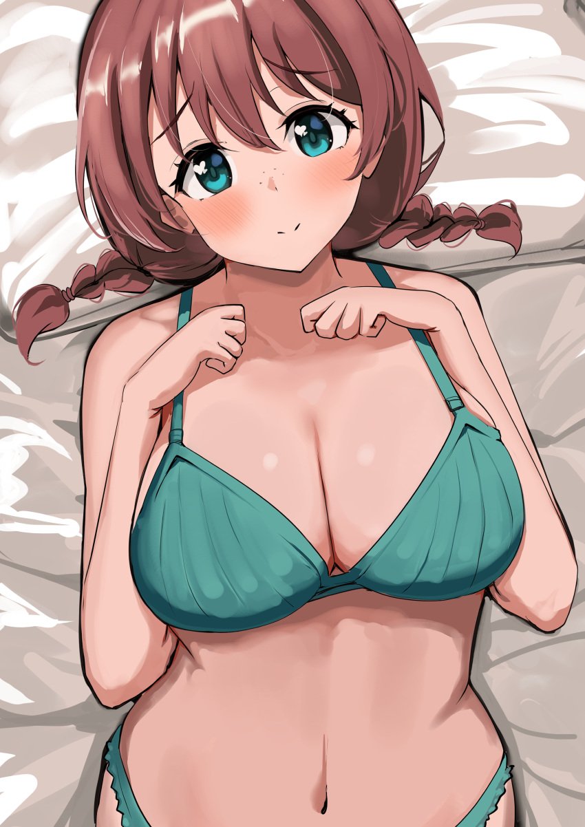 bed blush bra breasts cleavage emma_verde evildaddy12 female freckles hands_on_own_chest hearts_in_eyes large_breasts looking_at_viewer love_live! love_live!_nijigasaki_high_school_idol_club navel on_back on_bed panties smile twin_braids underwear