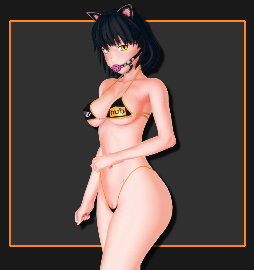 1girls arrancon ball_gag bikini bikini_bottom bikini_top black_hair black_hair_female blake_belladonna cat_ears pornhub_bra rwby yellow_fur