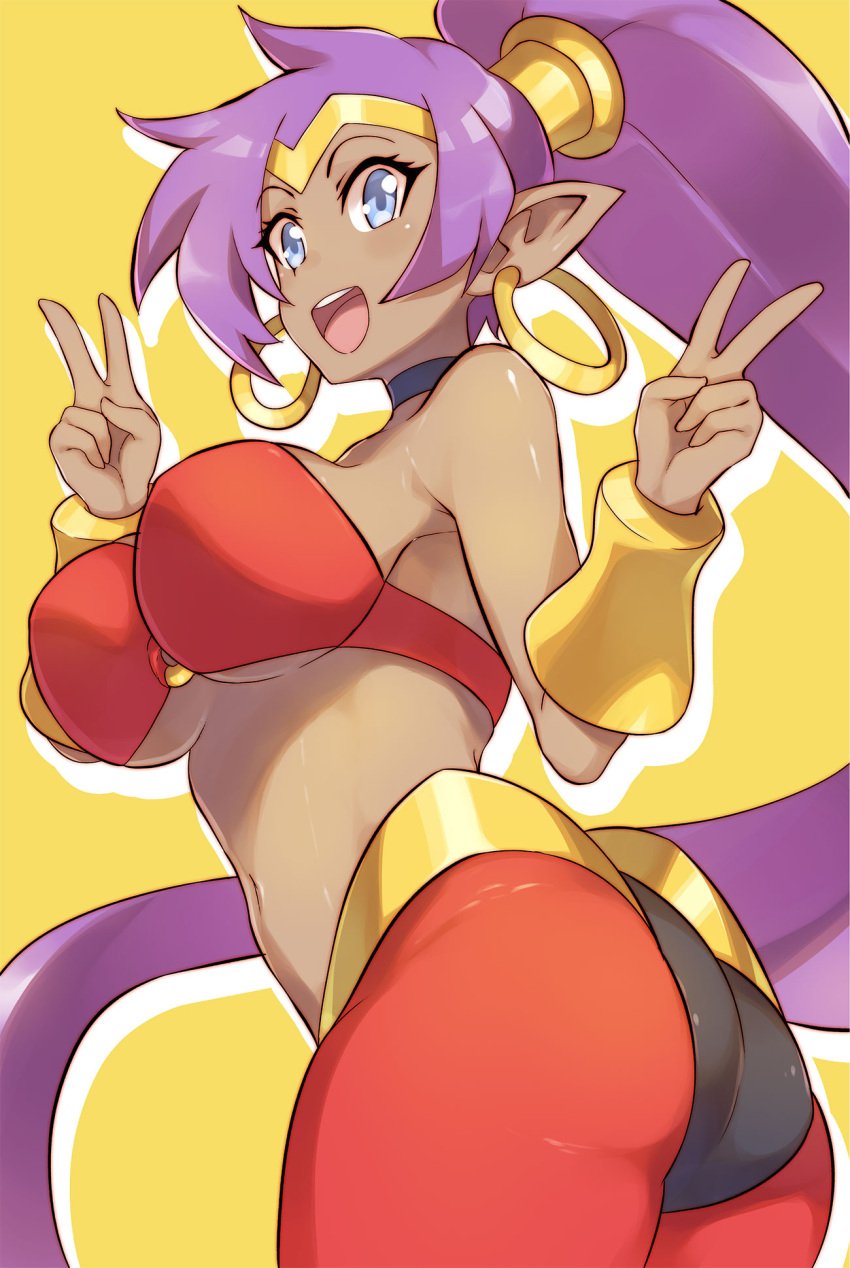 1girls ass big_breasts blue_eyes breasts clothed dark-skinned_female dark_skin earrings female purple_hair shantae shantae_(character) shoutaro_saito solo solo_female