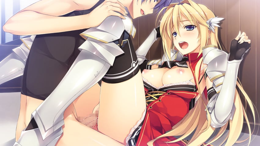 blonde_hair blood blue_eyes breasts censored elcia_harvence game_cg koikishi_purely_kiss long_hair nipples penis sex thighhighs virgin yuuki_hagure