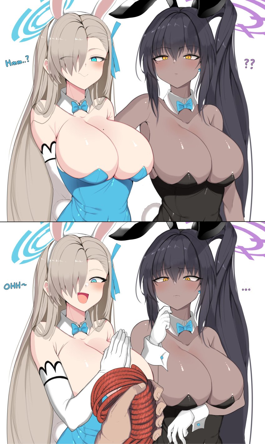 2girls asuna_(blue_archive) asuna_(bunny)_(blue_archive) bagelbomb black_hair blonde_hair blue_archive blue_eyes bondage breasts brown_skin bunny_ears bunny_girl bunnysuit chocolate_and_vanilla dark-skinned_female dark_skin female hair_over_one_eye halo hi_res huge_breasts karin_(blue_archive) karin_(bunny)_(blue_archive) light-skinned_female light_skin long_hair millennium_science_school_student naughty_face yellow_eyes