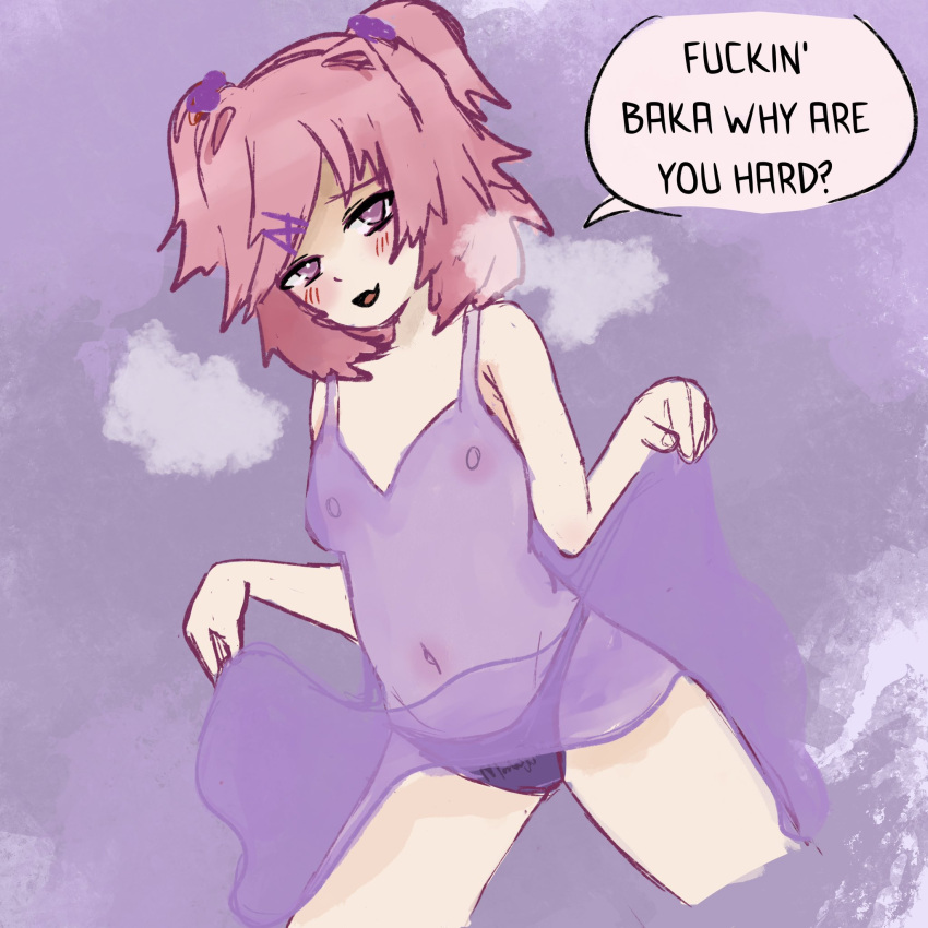 1female 1girls baka bare_shoulders blush blush_lines blushing doki_doki_literature_club english_text madorijpg natsuki_(doki_doki_literature_club) navel nipples panties pink_eyes pink_hair speech_bubble text text_bubble