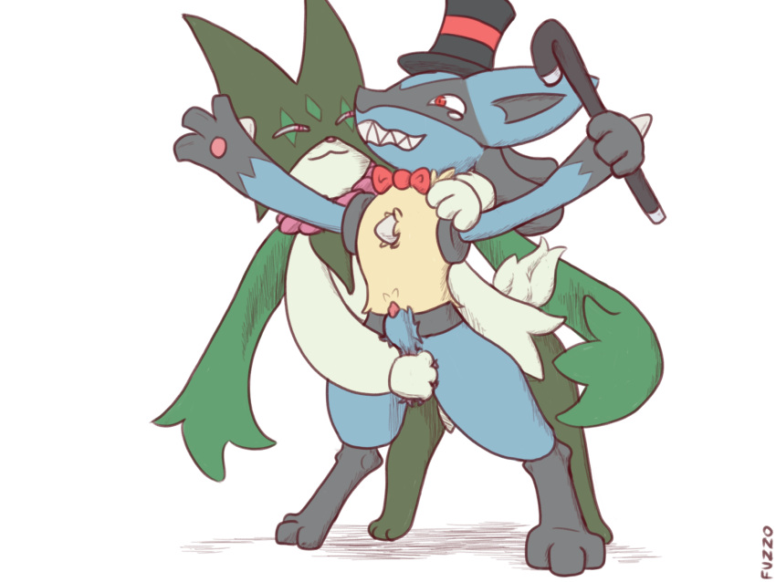 ambiguous_gender animal_genitalia anthro ball_crush ball_grab balls blue_body blue_fur bodily_fluids cock_and_ball_torture duo fur fuzzo generation_4_pokemon generation_9_pokemon genital_torture genitals hi_res lucario male meowscarada nintendo pain penis penis_tip pokemon pokemon_(species) pokemon_sv sheath smile smirk tears