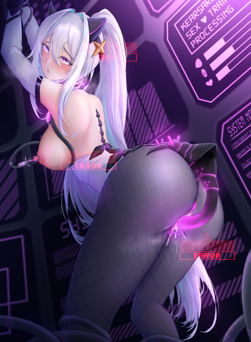 absurdres animal_ears arms_up ass azur_lane bare_shoulders big_breasts black_gloves black_pantyhose blue_hair bound bound_wrists breasts cat_ears cat_girl cat_tail chinese_commentary detached_sleeves female framed_breasts from_behind gloves hair_between_eyes hair_ornament highres holographic_interface kearsarge_(all_night_charge)_(azur_lane) kearsarge_(azur_lane) large_breasts leotard long_hair looking_at_viewer looking_back mechanical_ears mechanical_spine mixed-language_commentary nipple_injection nipples object_insertion official_alternate_costume orchery pantyhose parasite playboy_bunny ponytail purple_eyes restrained rolling_eyes sex_machine sign solo star_(symbol) star_hair_ornament tail tentacle thong_leotard two-tone_leotard vaginal_object_insertion vaginal_penetration very_long_hair warning_sign white_hair white_leotard