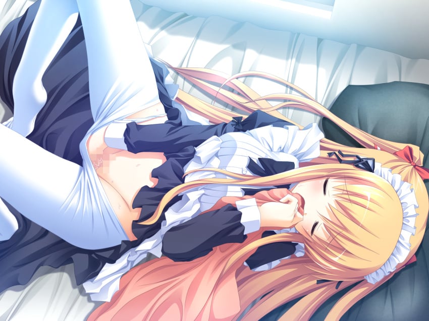 blonde_hair blush censored closed_eyes clothed_masturbation clothes_sniffing clothing feet game_cg hand_in_own_panties hand_in_own_pantyhose hand_in_panties highres long_hair lying maid maid_headdress masturbation nimura_yuuji osananajimi_wa_daitouryou ouhama_yukino panties panties_under_pantyhose pantyhose pillow pussy_juice sweat tied_hair twintails underwear wet_panties white_legwear white_pantyhose