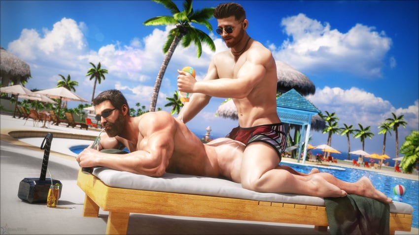 2boys 3d 3d_(artwork) 3d_model beach bromance drinking_soda f0-star friendly gay guardians_of_the_galaxy male male_bonding male_only marvel muscular muscular_male naked naked_male nude nude_male paradise peter_quill poolside starlord sunscreen sunscreen_on_back swimsuit thor_(marvel) thor_(series) yaoi