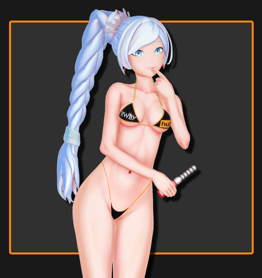 1girls arrancon bikini bikini_bottom bikini_top blue_eyes ponytail pornhub_bra posing rwby weiss_schnee white_hair white_hair_female