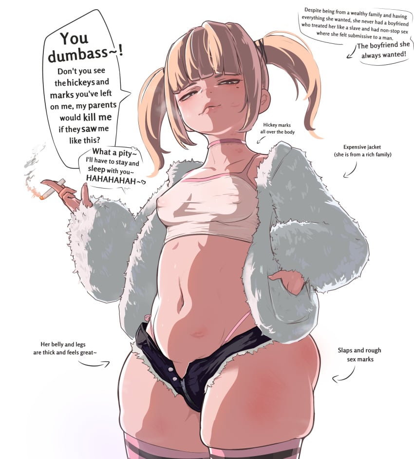 1girls aged_up belly_button bottom_heavy choker cigarette fur_coat hand_on_hip hickey hickey_marks ioxat looking_at_viewer mole mole_under_eye short_shorts shortstack slutty_girlfriend_(ioxat) small_breasts tank_top thick_thighs thighhighs twintails voluptuous voluptuous_female wide_hips