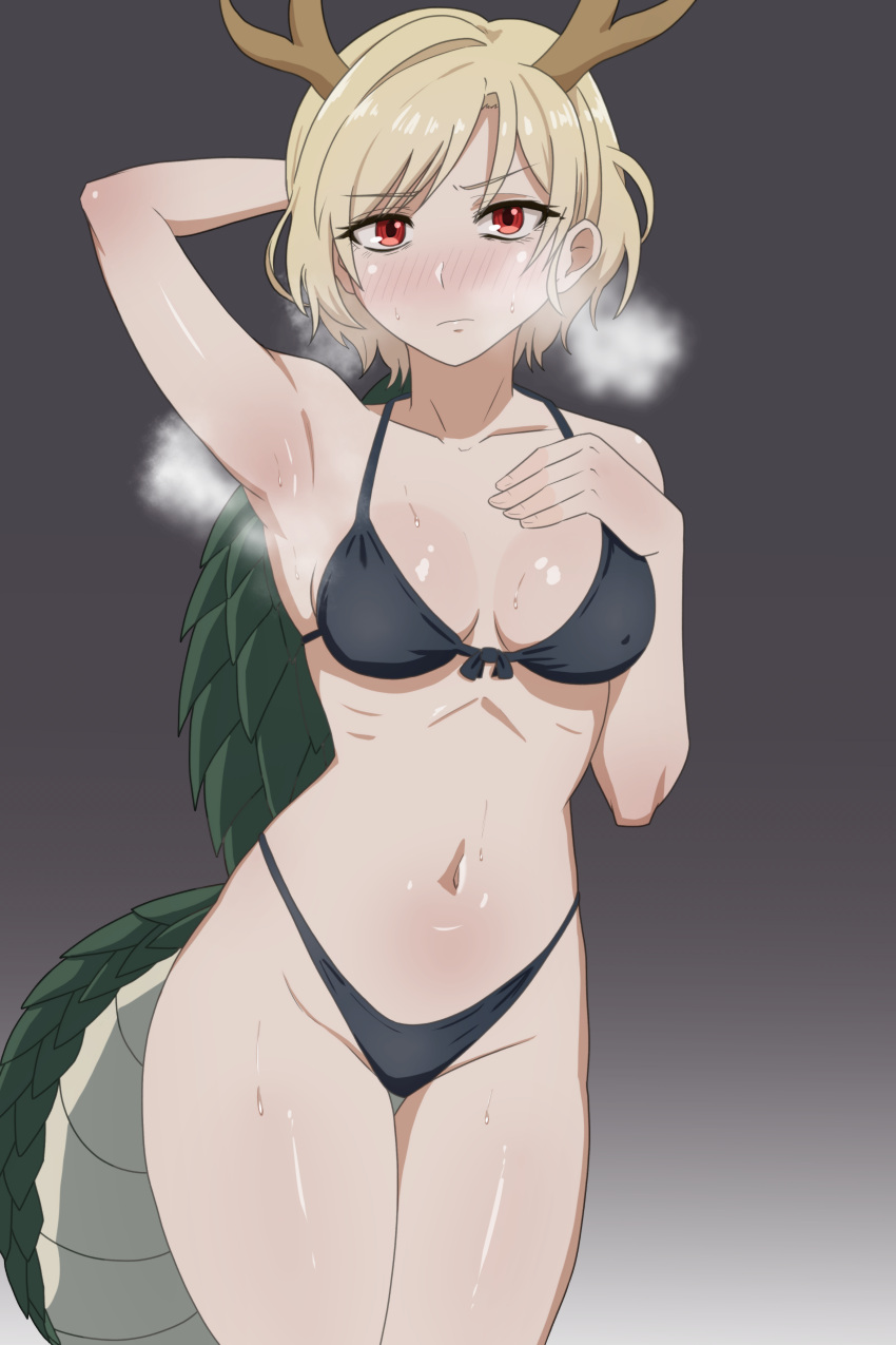 absurdres arm_up armpits bikini black_bikini blonde_hair blush breasts breath closed_mouth collarbone commentary_request cowboy_shot dragon_horns dragon_tail expressionless female fingernails front-tie_bikini_top front-tie_top gradient_background hand_on_own_chest highres horns kicchou_yachie legs_together looking_at_viewer medium_breasts morikawa_(morikawa-no2) navel red_eyes ribs shiny_skin short_hair solo standing steaming_body sweat swimsuit tail touhou