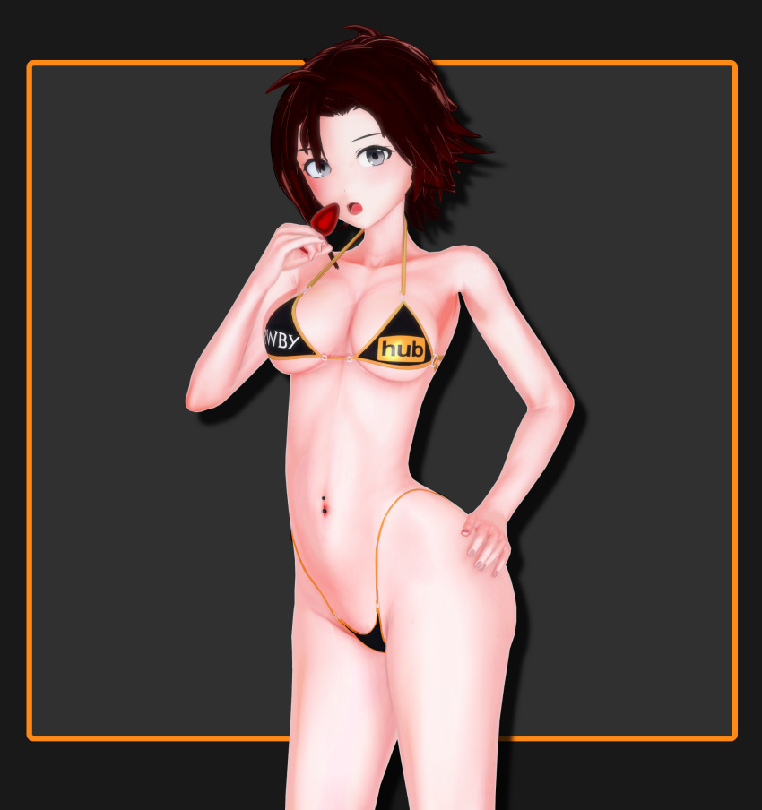 1girls 3d arrancon bikini bikini_bottom bikini_top black_hair black_hair_female breasts buttplug hand_on_hip looking_at_viewer medium_breasts navel navel_piercing pornhub_bra pose posing red_highlights ruby_rose rwby sensual silver_eyes thong_bikini