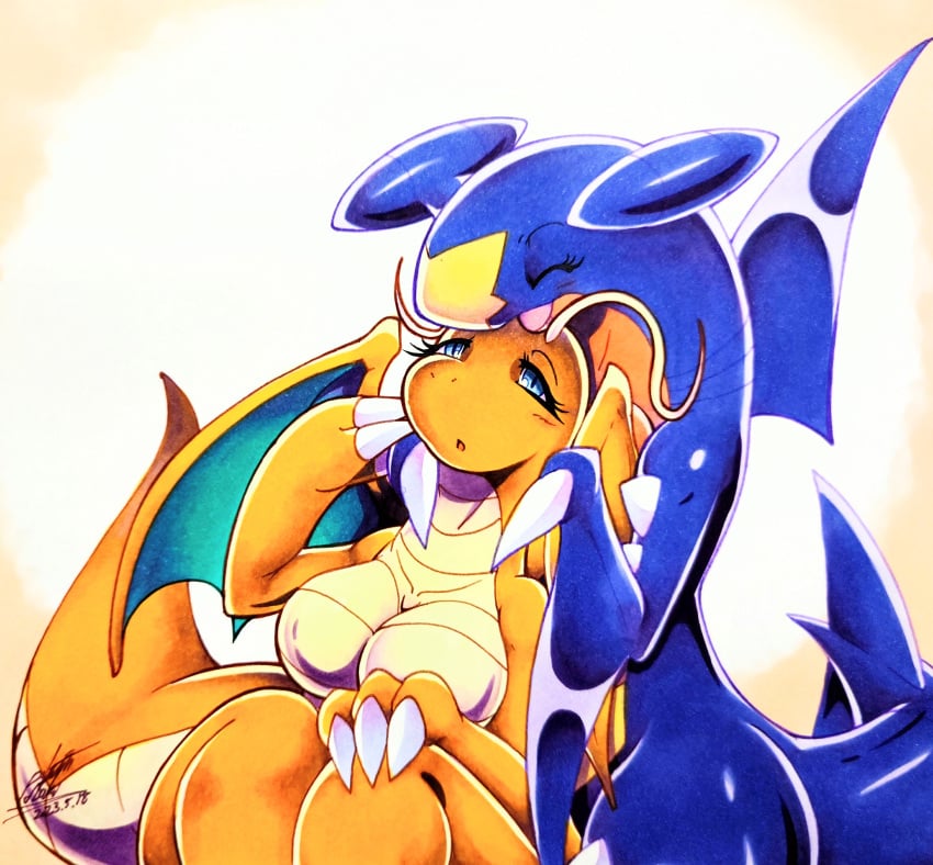 025aki 2023 2girls abstract_background anthro anthro_only big_breasts blue_body blue_eyes blush blush_lines breast_press breasts claws closed_eyes cute dated dragon dragon_horns dragon_tail dragon_wings dragonite eyelashes featureless_breasts female female_garchomp female_only female_pokemon garchomp generation_1_pokemon generation_4_pokemon half-closed_eyes hug huge_breasts membranous_wings orange_body pokémon_(species) pokemon pokemon_(species) pokemon_dppt pokemon_rgby signature tail tongue tongue_out wholesome wings yuri