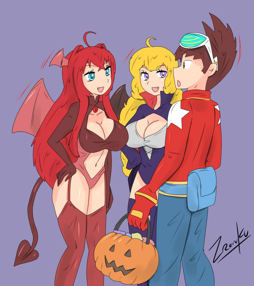 1boy 2girls blonde_female blonde_hair blue_eyes costume crossover geo_stelar halloween high_school_dxd mega_man mega_man_star_force pumpkin_head purple_eyes red_hair red_hair_female rias_gremory rwby succubus_costume succubus_horns succubus_tail succubus_wings vampire_costume vampire_wings yang_xiao_long zronku