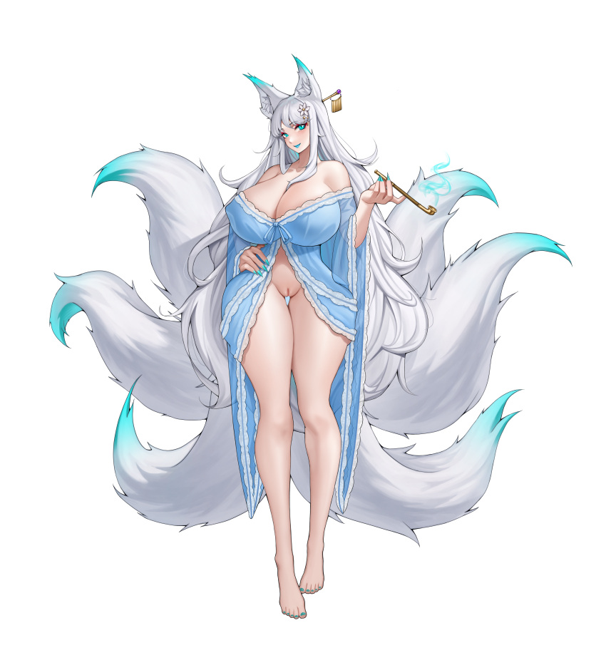 cyan_eyes cyan_hair exposed_pussy fox fox_ears fox_girl fox_tail goddess japanese_clothes kinksune kitsune long_hair long_legs long_sleeves miya_kitashima nine_tailed_fox original original_character painted_nails partially_clothed peach_pussy puffy_pussy two_tone_hair white_hair