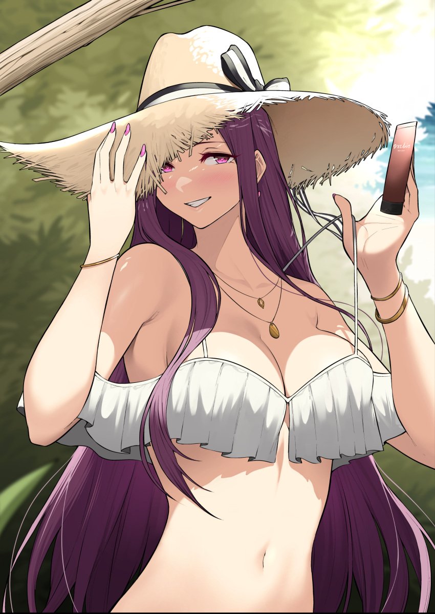 1girls beach big_breasts bikini blush gyaru imaizumin-chi_wa_douyara_gal_no_tamariba_ni_natteru_rashii long_hair nori_gorou partially_clothed purple_hair sasaki_yukina strap_pull swimsuit