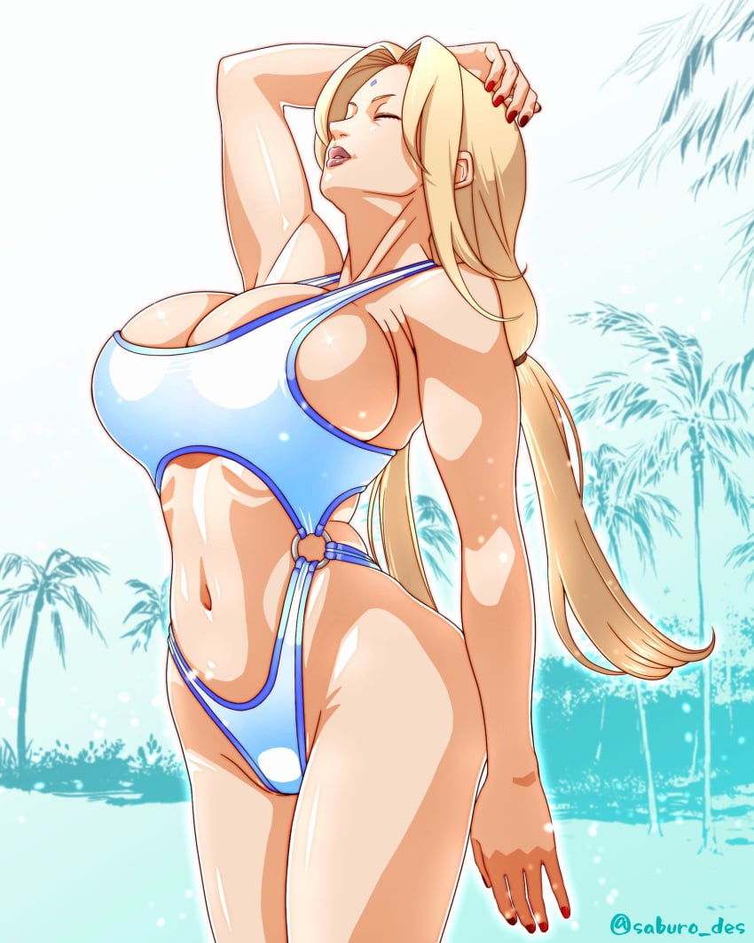 1girls arm_up arms_behind_head artist_name ass big_ass big_butt blonde_hair busty closed_eyes female female_only huge_ass huge_breasts lipstick low_twintails makeup mature mature_female mature_woman midriff milf nail_polish naruto naruto_(series) naruto_shippuden one-piece_swimsuit one_arm_up pinup posing revealing_swimsuit saburo_des solo swimsuit tight_swimsuit tsunade twintails url voluptuous voluptuous_female web_address wet wet_skin wide_hips