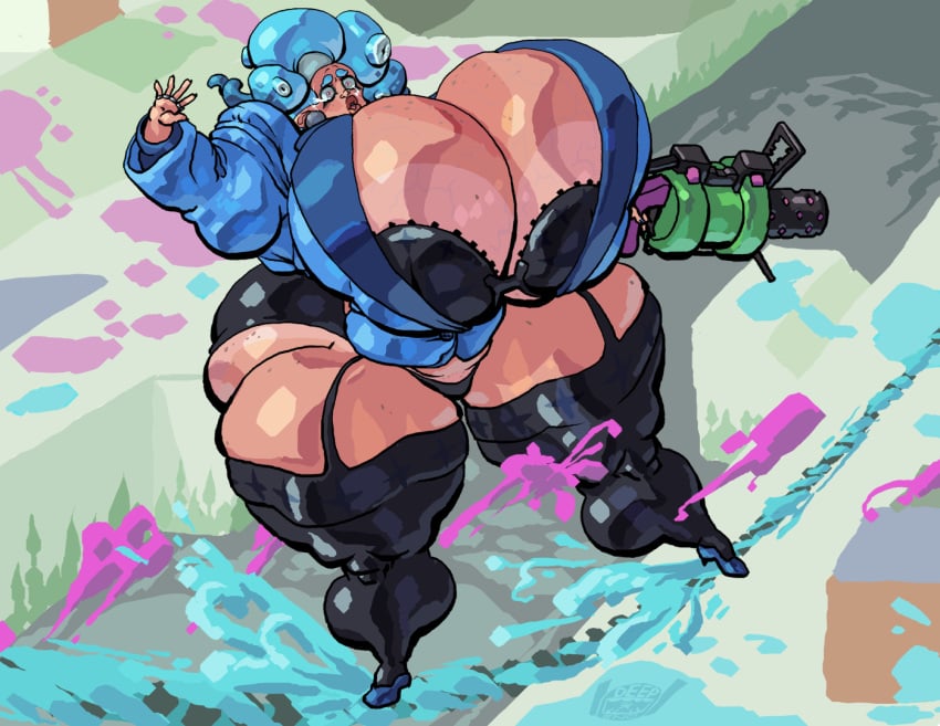 .52_gal_(splatoon) 1girls arm_up black_bra black_panties black_thighhighs blue_hair bra business_suit earrings esmerelda_(ryujinkakka) fan_character female_only full_body gigantic_breasts grenade_launcher huge_ass hyper_breasts ink lips long_sleeves octoling octoling_girl ring ryujinkakka solo splatoon splatoon_(series) standing surprised tentacle_hair thighhighs wide_eyed