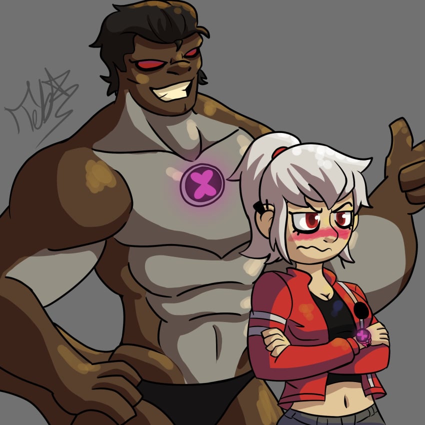 1boy 1girls albedo_(ben_10) albedo_(chaquetrix) alien ben_10 chaquetrix human humungousaur larger_male muscular_male red_eyes rule_63 smaller_female tabe_2804 thong thumbs_up vaxasaurian white_hair