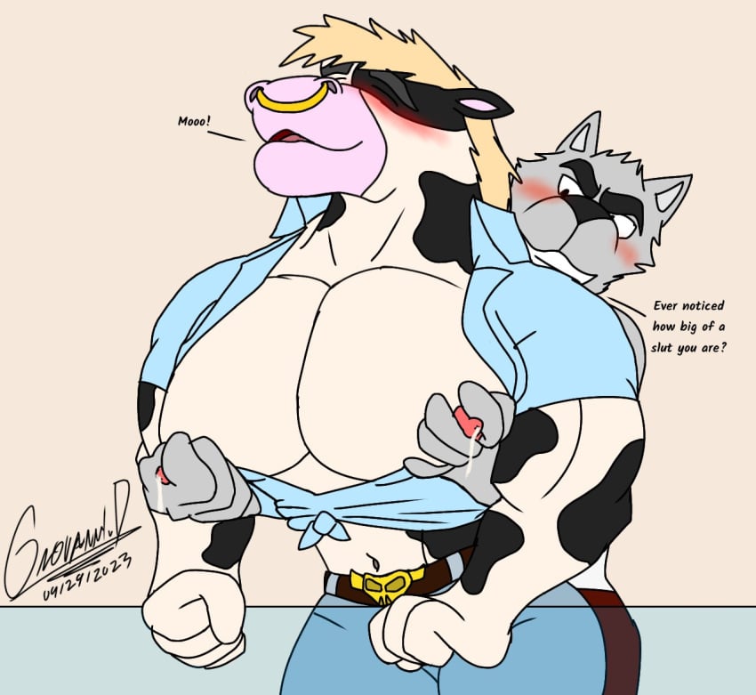 belt big_chest big_cleavage big_pecs blush bovine cleavage giovannibardawulf giovannidrawing jeans joe_(giovannibardawulf) lactating male_cleavage milking muscular_arms muscular_female nipple_pinch nipples open_topwear pecs pectorals spots topwear wolf