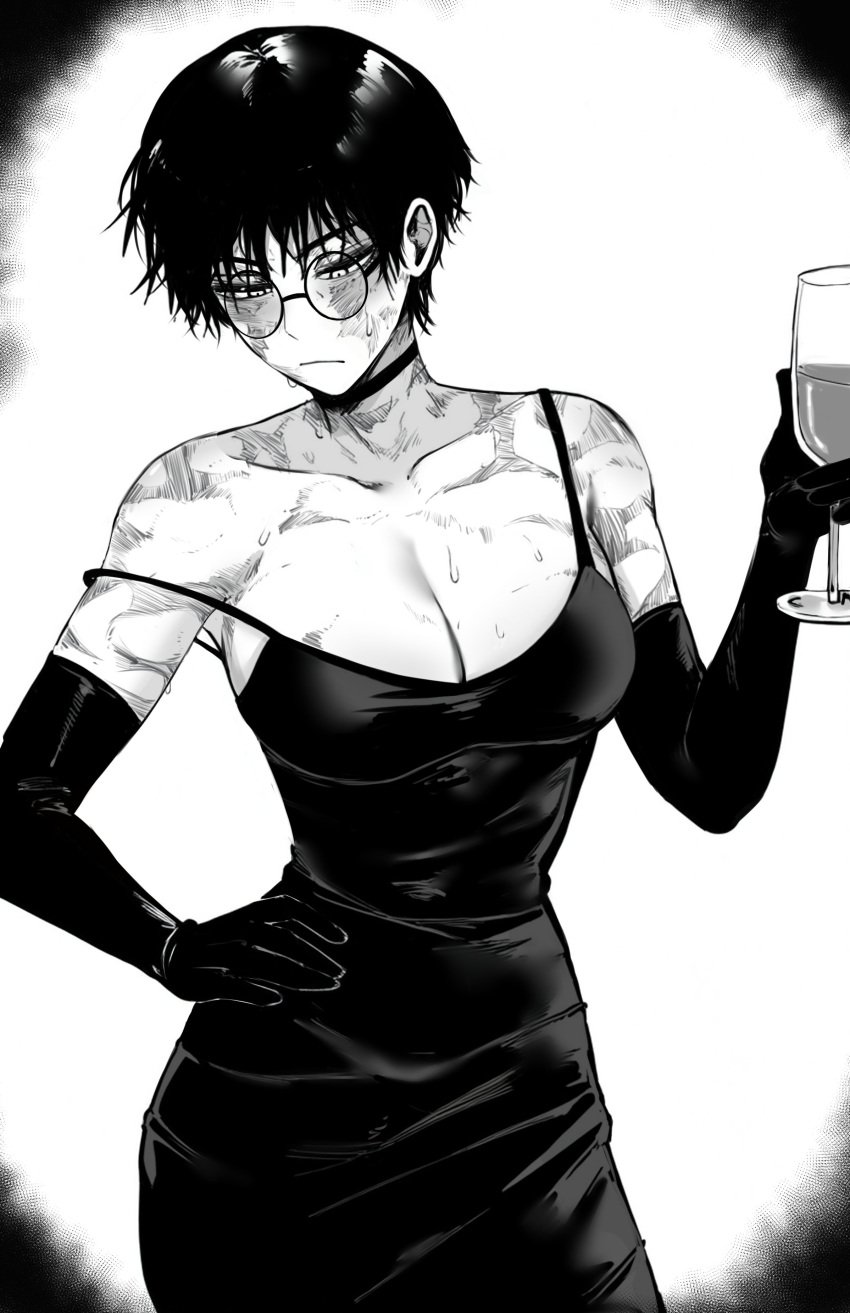 1girls big_breasts breasts burn_marks burn_scar burns busty choker cleavage clothed collar drink glasses holding_drink holding_glass huge_breasts jujutsu_kaisen large_breasts masoq095 monochrome mostly_clothed scar scars scars_all_over short_hair shounen_jump sweat sweating sweaty tomboy very_short_hair wine wine_glass zenin_maki