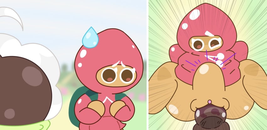 brown_eyes cookie_run guyspermo_(itisspermo) instant_loss_2koma itisspermo pink_hoodie spermo_(itisspermo) stomach_bulge stomach_deformation strawberry_cookie sweatdrop vaginal_penetration