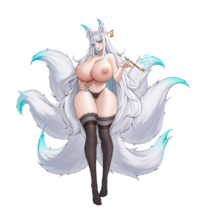 absurd_res absurdres ass background cyan_eyes duo exposed_breasts fox fox_ears fox_girl fox_tail goddess hair_ornament hourglass_figure huge_breasts japanese kinksune kitsune miya_kitashima nine_tailed_fox original original_character shrine shrine_maiden sisters stockings two_tone_hair voluptuous white_hair