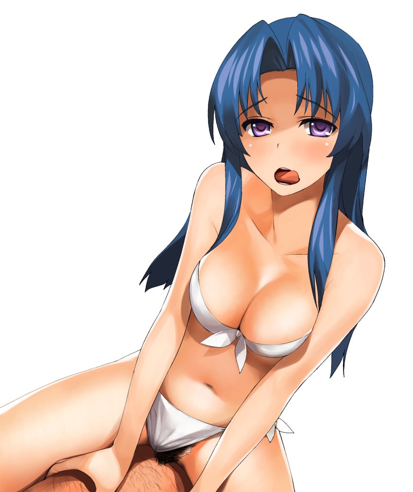 assertive bikini bikini_aside blue_hair blush breasts cleavage clothed_sex cowgirl_position female front-tie_top high_resolution initial-g kawashima_ami licking_lips long_hair medium_breasts pov pubic_hair purple_eyes sex side-tie_bikini straddle straight_hair swimsuit swimsuit_aside tongue toradora! vaginal_penetration