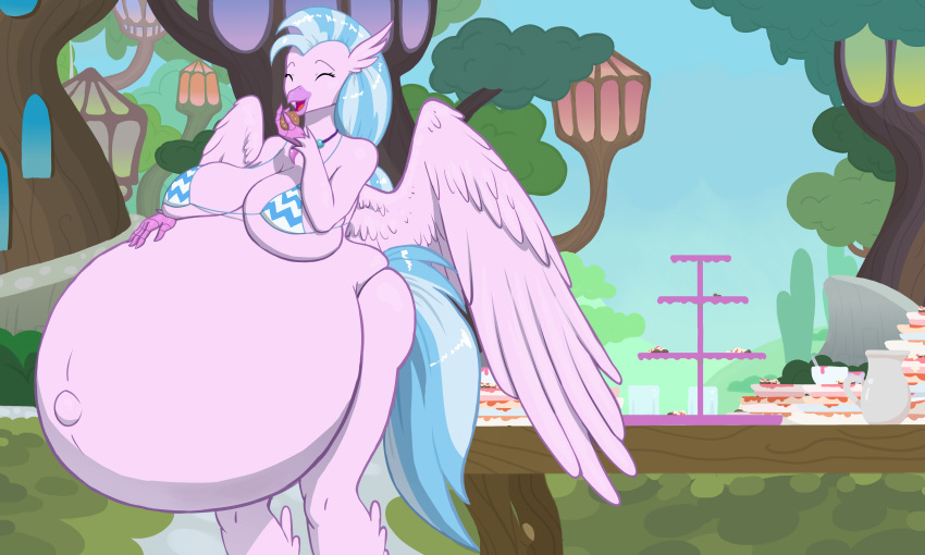 anthro beak blue_hair blue_tail bra breasts clothing cookie european_mythology eyes_closed feathered_wings feathers female food friendship_is_magic fur greek_mythology hair hasbro hippogriff hyper hyper_pregnancy jewelry long_hair mv-h my_little_pony mythology necklace pink_body pink_feathers pink_fur pregnant pregnant_female silverstream_(mlp) underwear wings