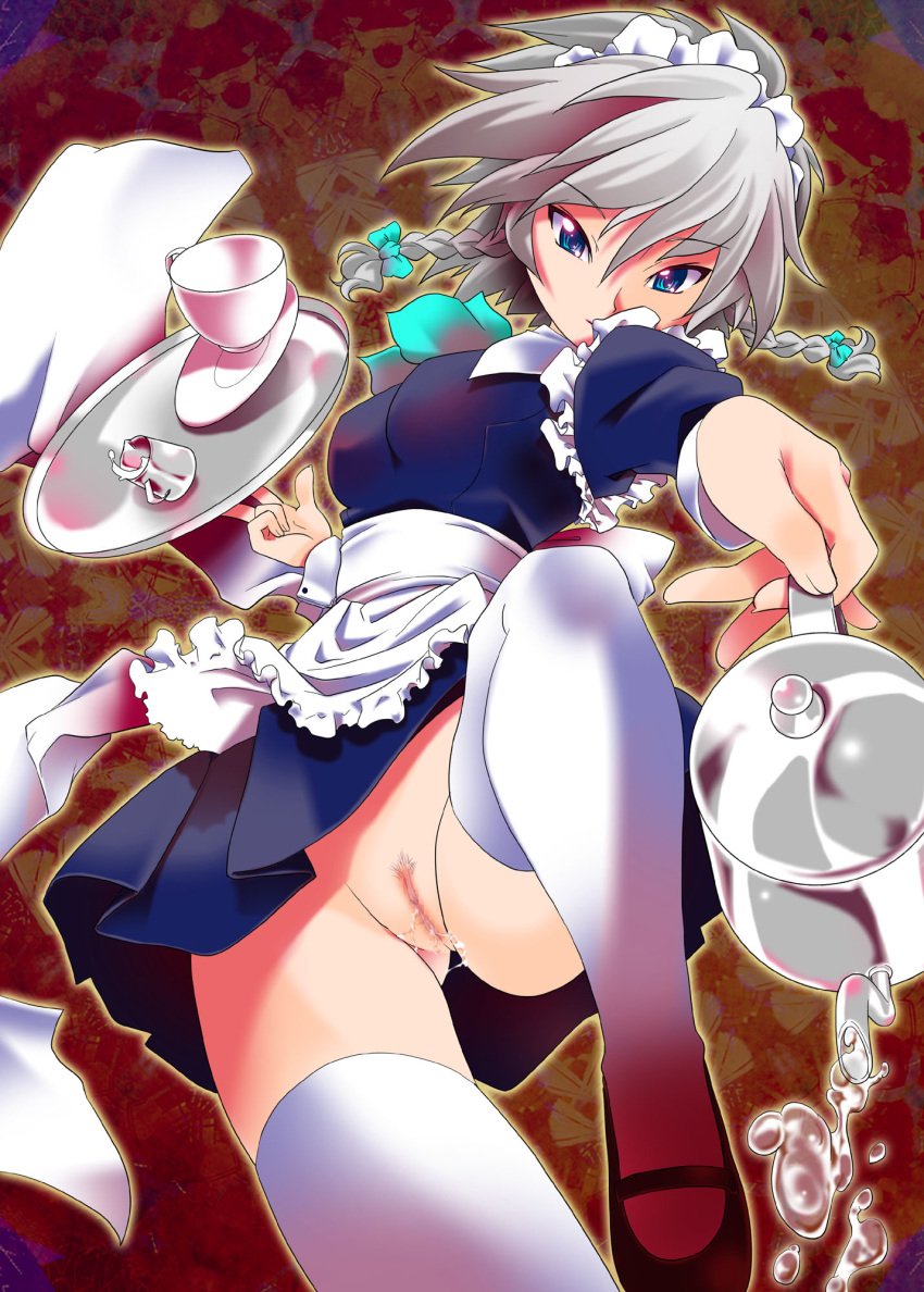 1girls 2010 bad_source blue_eyes blush braid censored female female_only fingernails gray_hair grey_hair highres kanoe light-skinned_female light_skin looking_at_viewer maid maid_headdress mary_janes no_panties platter pubic_hair pussy pussy_juice sakuya_izayoi short_gray_hair short_hair silver_hair solo straight_hair teacup team_shanghai_alice teapot thighhighs touhou twin_braids vagina vulva white_thighhighs