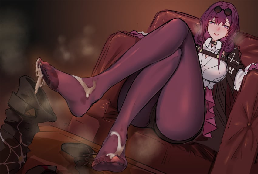 crossed_legs cum cum_on_body cum_on_feet feet female glasses gloves high-waist_shorts highres honkai:_star_rail honkai_(series) jacket jacket_on_shoulders kafka_(honkai:_star_rail) legs looking_at_viewer no_shoes pantyhose pantyhose_under_shorts purple_eyes purple_gloves purple_hair purple_pantyhose shorts sitting smile soles solo thighs toes wenzheng147